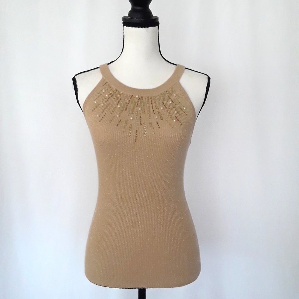 Vintage Y2K Cache Golden Tan Sleeveless Sequin Beaded Top
